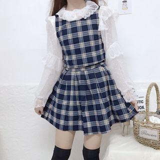 Dotted Chiffon Blouse / Plaid Jumper Dress