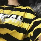 Elbow-sleeve Letter Striped T-shirt Stripe - Yellow & Black - One Size