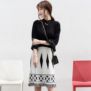 Set: Elbow-sleeve Mock Neck Knit Top + Fringed A-line Skirt