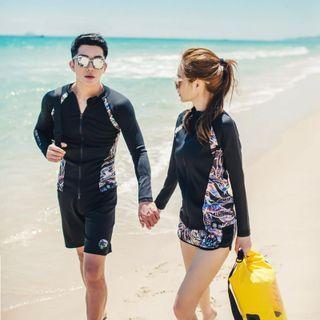 Couple Matching Set: Leaf Print Rashguard + Shorts