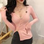 Long-sleeve V-neck Cut Out T-shirt