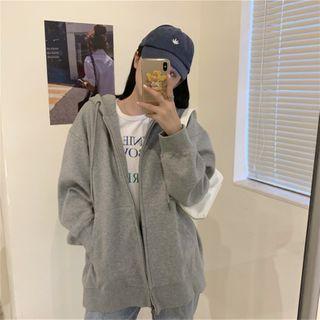 Long-sleeve Plain Zipped Hooded Jacket Gray - One Size