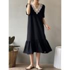 Short-sleeve Lace Trim Ruffle Hem Midi Dress