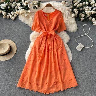 Short-sleeve V-neck Lace-up Cutout Lace Dress