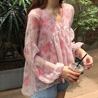 Flower Print Puff-sleeve Chiffon Blouse / Plain Camisole Top