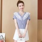 Short-sleeve Lace Collar Gingham Blouse