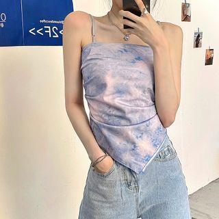 Sleeveless Tie-dyed Asymmetrical Hem Tie-back Top Light Blue - One Size