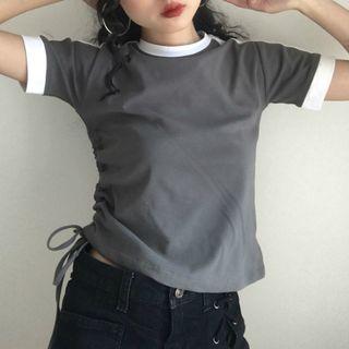 Contrast Trim Drawstring Short-sleeve T-shirt