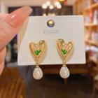 Heart Flower Alloy Faux Pearl Dangle Earring E5207 - 1 Pair - Gold - One Size
