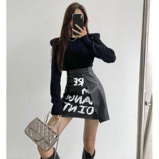 Eyelet Padded-shoulder Knit Top / Asymmetrical Faux-leather Printed Mini Skirt