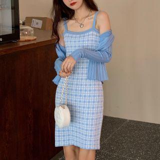 Set: Cropped Cardigan + Spaghetti Strap Plaid Dress Set Of 2 - Dress & Cardigan - Blue - One Size