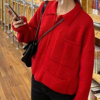 Collared Zip Cardigan Red - One Size