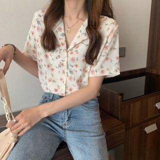 Short-sleeve V-neck Floral Shirt