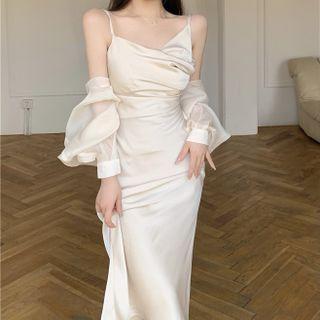 Cropped Light Cardigan / Spaghetti Strap Midi Sheath Dress
