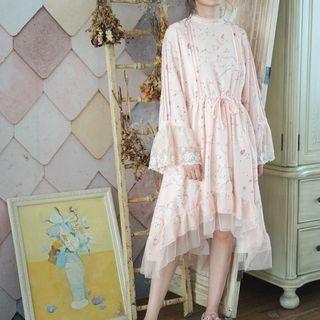 Long-sleeve Mock Neck Print A-line Dress