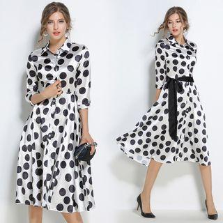 Tie-waist Polka Dot Satin Shirtdress