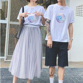 Short-sleeve Print Couple Matching T-shirt / Midi Mesh Skirt