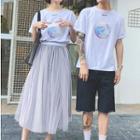 Short-sleeve Print Couple Matching T-shirt / Midi Mesh Skirt