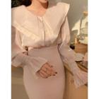 Wide-collar Smocked Bell-cuff Blouse