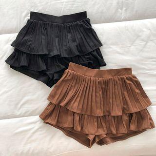 Plain High-waist Ruffled-trim A-line Skort