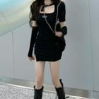 Square-neck Slit Bodycon Dress Black - One Size