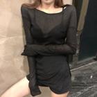 Side-slit Long-sleeve T-shirt Black - One Size