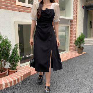 Puff-sleeve Square-neck Slit A-line Dress