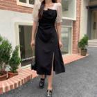 Puff-sleeve Square-neck Slit A-line Dress