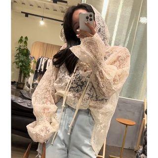 Bell-sleeve Hooded Lace Jacket Beige - One Size