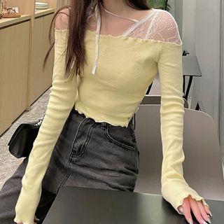 Cold-shoulder Lace Panel T-shirt Yellow - One Size