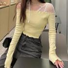 Cold-shoulder Lace Panel T-shirt Yellow - One Size