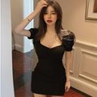 Short-sleeve Square-neck Mini Sheath Dress Black - One Size