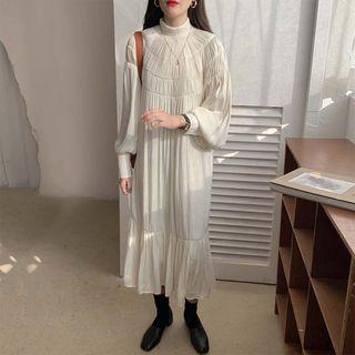 Balloon-sleeve Shirred Midi A-line Dress As Shown In Figure - One Size