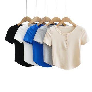 Short-sleeve Half-button Plain Cropped Top