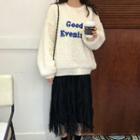 Faux Shearling Lettering Embroidered Sweatshirt / Ruched Midi Lace Skirt