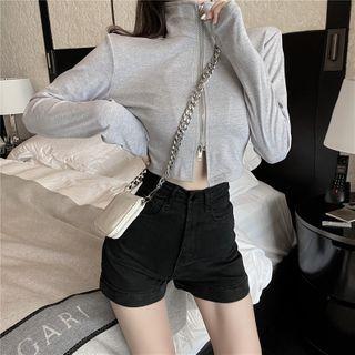 Mock-neck Zip Plain Cardigan