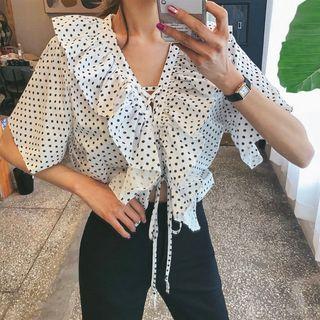 Lace-up Ruffled Polka-dot Blouse