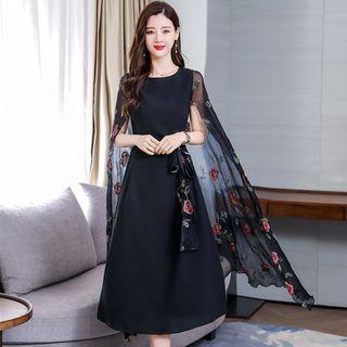 Floral Embroidered Cape-sleeve Midi Chiffon Dress