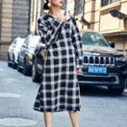 Long-sleeve Off Shoulder Plaid Midi A-line Dress