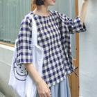 Elbow-sleeve Plaid Top Gingham - Blue - One Size