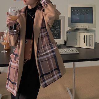 Plaid Panel Button-up Coat Khaki - One Size