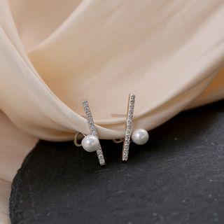 925 Sterling Silver Faux Pearl Rhinestone Bar Stud Earring Silver & White - One Size