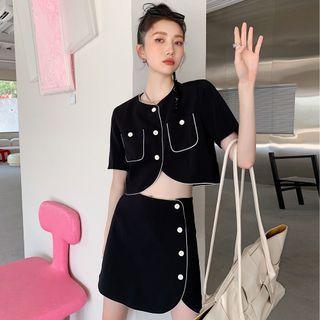 Set: Short-sleeve Contrast Trim Crop Top + A-line Skirt