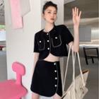 Set: Short-sleeve Contrast Trim Crop Top + A-line Skirt