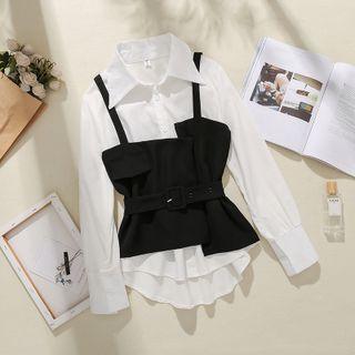 Set: Plain Shirt + Camisole Top Set - Camisole Top - Black - One Size/ Shirt - White - One Size