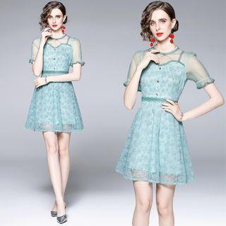 Short-sleeve Embellished Mesh Mini A-line Dress