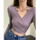 Long-sleeve V-neck Plain Back-tie Cropped Top