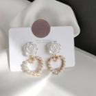 Acrylic Rose Pearl Heart Dangle Earring 1 Pair - Ear Studs - White & Gold - One Size