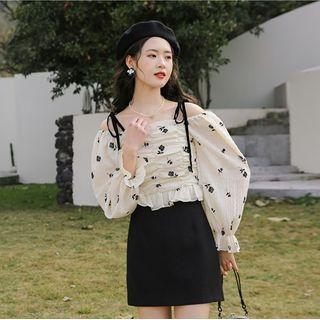 Puff-sleeve Floral Print Off-shoulder Blouse