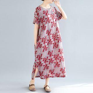 Short-sleeve Midi Floral Dress As Shown In Figure - One Size